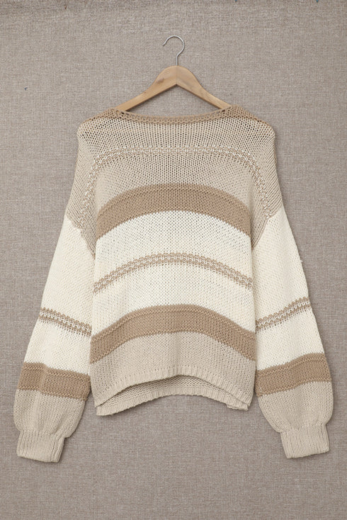 V-Neck Knitted Lantern Sleeve Pullover Sweater